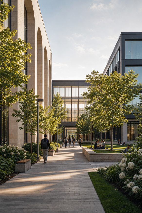 Modern university campus courtyard